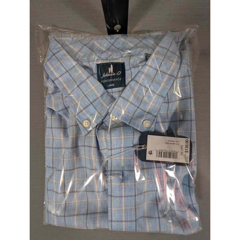 Johnnie-O Performance Shirt Mens Large Malibu Blue Plaid Miramont JMWL101610 NWT